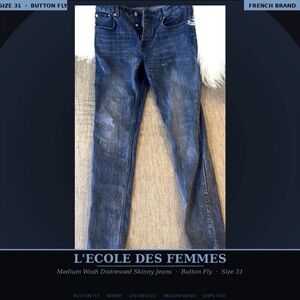 L’Ecole Des Femmes Medium Wash Distressed Skinny Jeans Size 31 | Button Fly |